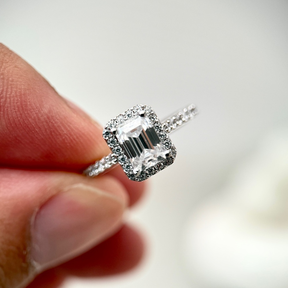 1.35ctw S925 Moissanite Emerald Cut Halo Engagement Ring 18K Gold Plate - Picture 6 of 9